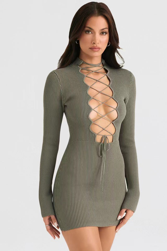 Gray Green Deep V-neck Hollow-out Lace-up Knitted Sheath Dress