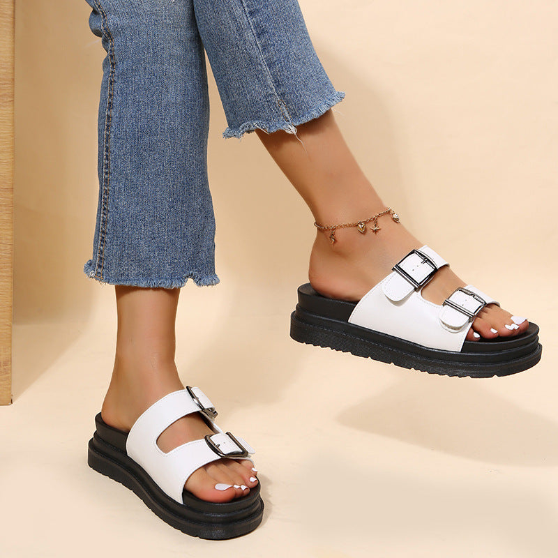 Women Slippers Double Buckle Platform Sandals British Style Shoes