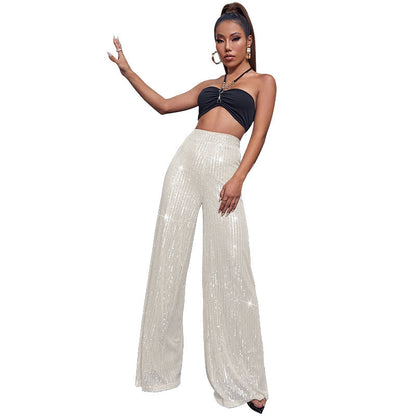 High Waist Casual Pants Sequins Loose-fitting Drape