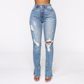 Split Jeans Women's, Blue Water Washed Hole High Waist