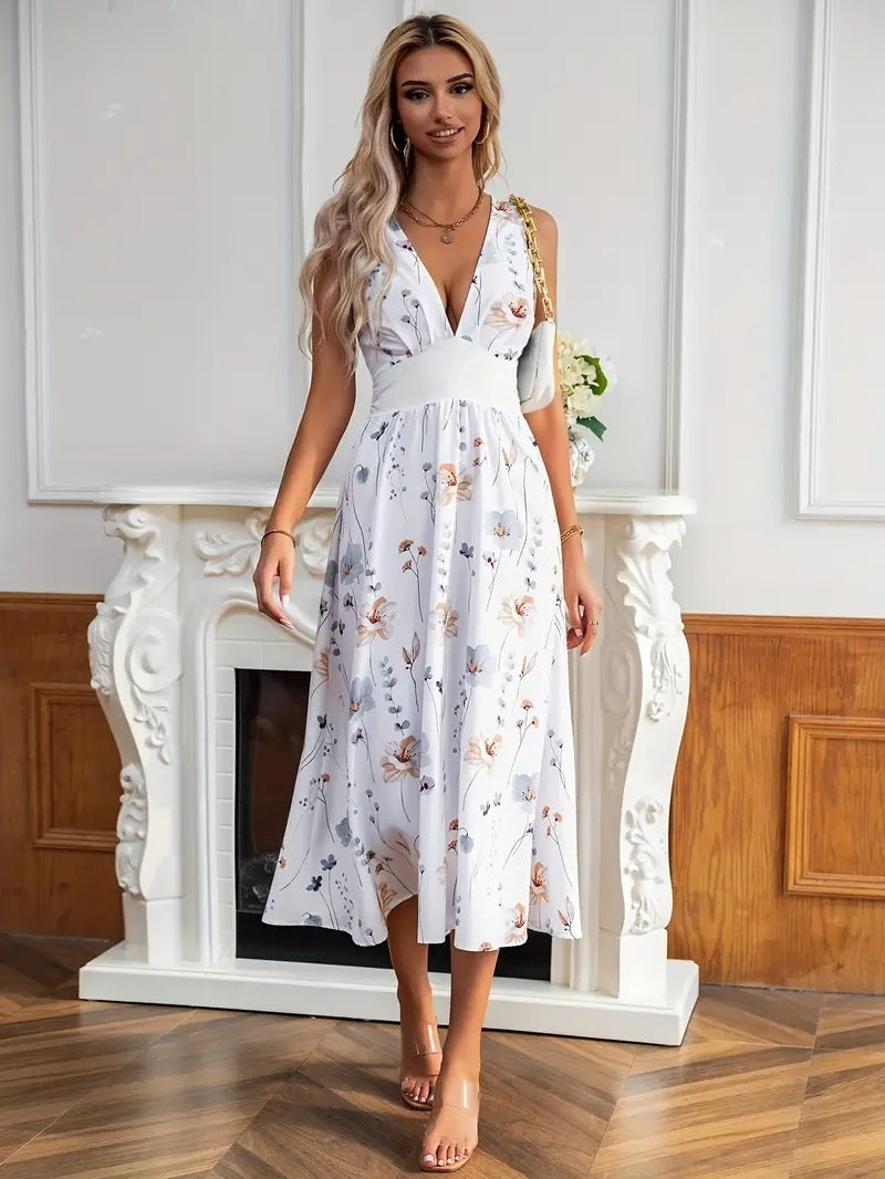 Women's Summer New V-neck High Waist Sleeveless Printed Vest Dress