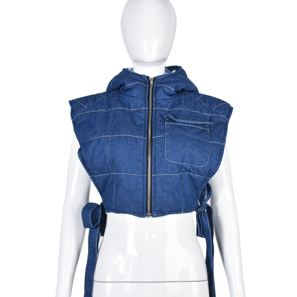 Women's New Denim Filled Cotton Hollowed Out Binding Hooded Trend Vest