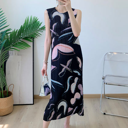 Pleated French Elegant Printed Stretch Sleeveless Dress