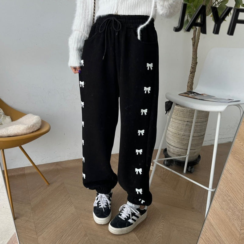 High Waist Elastic Bowknot Printing Plus Velvet Casual Pants