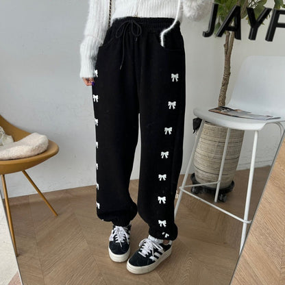 High Waist Elastic Bowknot Printing Plus Velvet Casual Pants