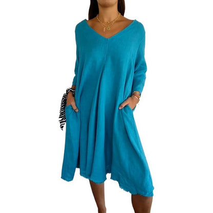 Spring And Summer Loose-fitting Plus Size V-neck Mid-length Dress