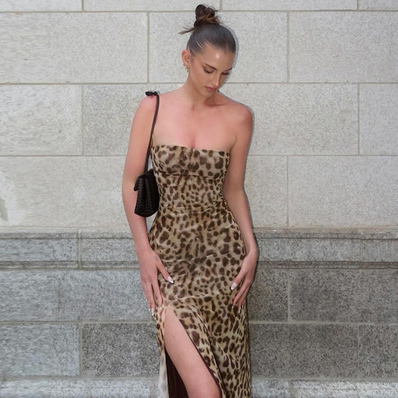 Leopard Print Tube Top Off-neck Side Split Dress