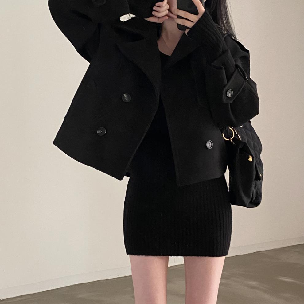 Suit Collar Double Breasted Loose All-match Long Sleeve Short Woolen Coat