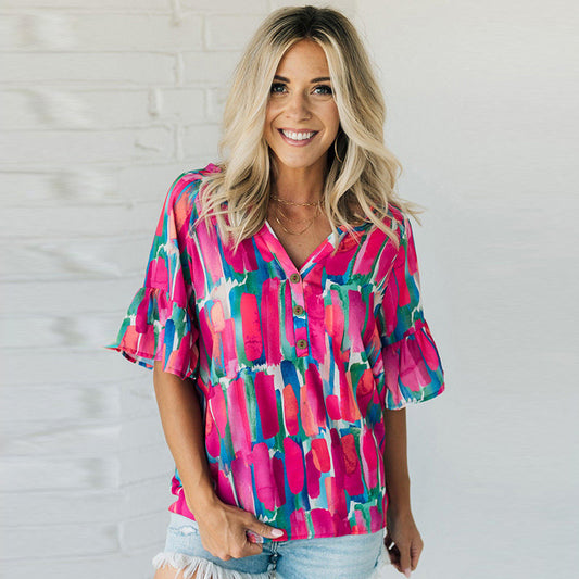 Women's Spring V-neck Chiffon Shirt Printed Short-sleeved Top