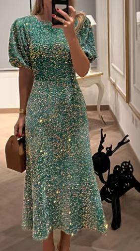 Light Luxury Temperament Heavy Embroidery Sequins Shiny Short Sleeve Dress