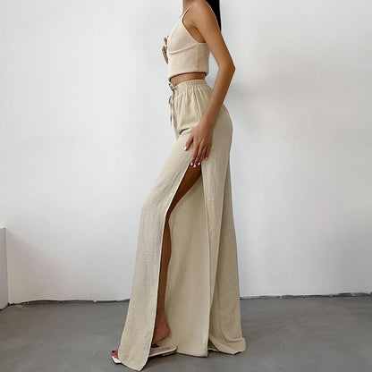 Khaki Bubble Crepe Split Wide-leg Pants