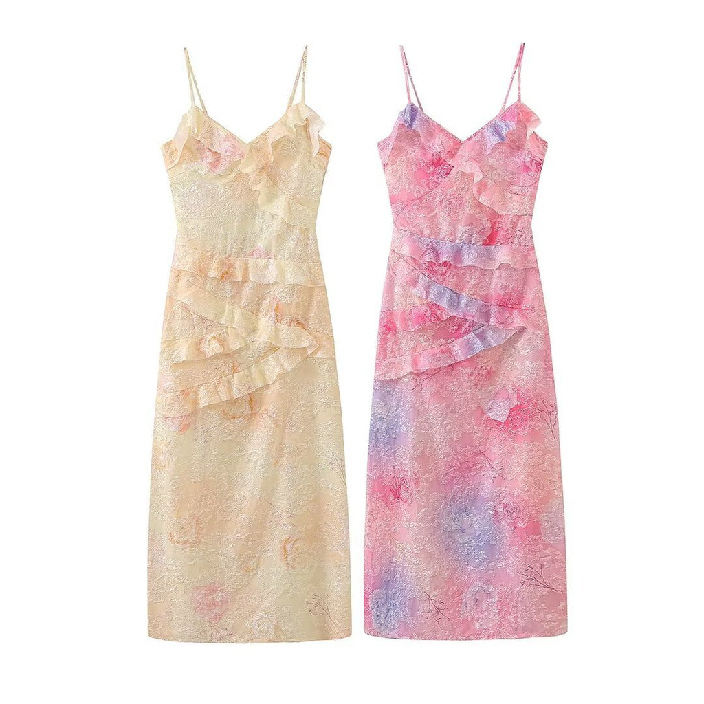 Women's V-neck Flounce Backless Long Braces Sleeveless Dress