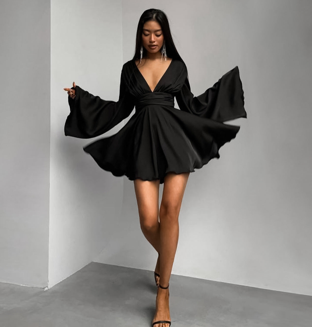 Satin Black V-neck Bell Sleeve Slim Fit Dress