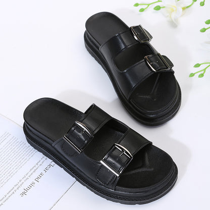 Women Slippers Double Buckle Platform Sandals British Style Shoes