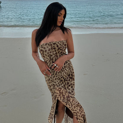 Leopard Print Tube Top Off-neck Side Split Dress