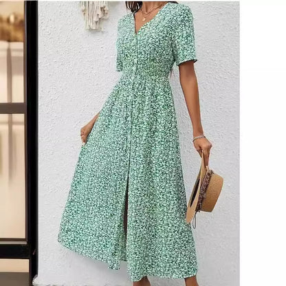 Summer New V-neck Printed Short Sleeve Split Dress Women