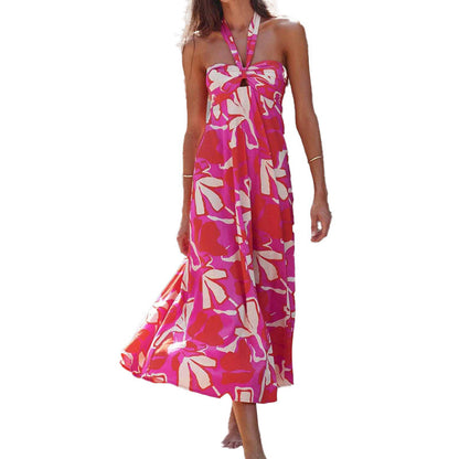 Women's Casual Floral Print Hollow-out Halter Pleated Sleeveless Mid-length Dress