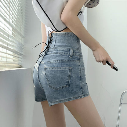 Summer High Waist Denim Rope Shorts For Women