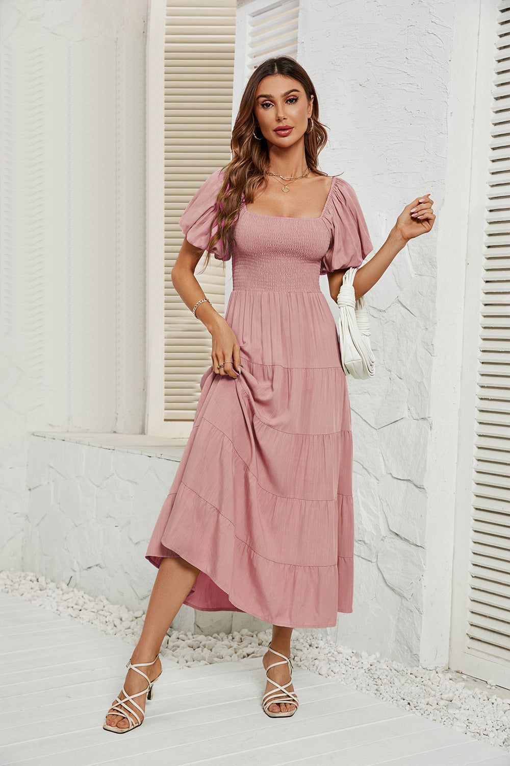 Summer Square Collar Backless Puff Sleeve Dress Women