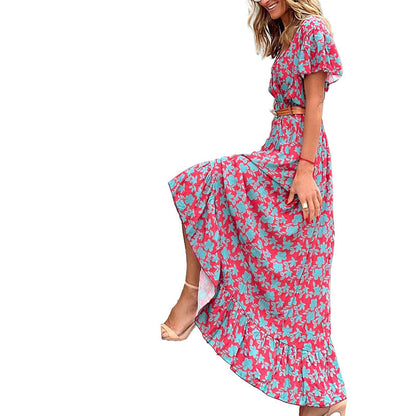 Fashion Printed V-neck Casual Irregular Dress