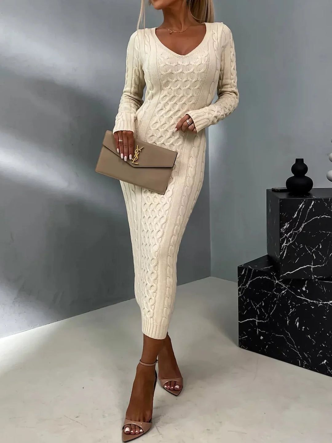 Casual V-neck Patchwork Lace Sweater Dress