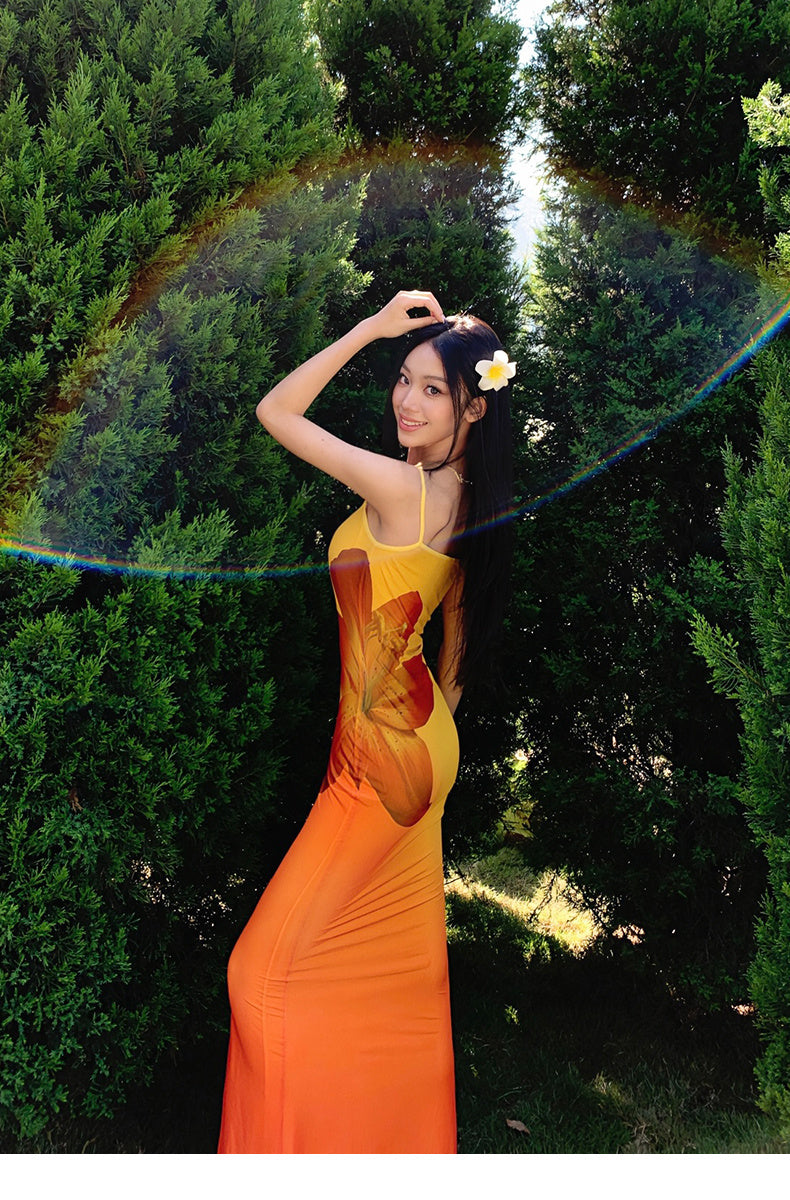 Three-dimensional Gradient Flower Fishtail Dress