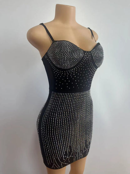 Fashion Women's Wear Mesh Rhinestone Hip Skirt Solid Color Sleeveless Sling Dress