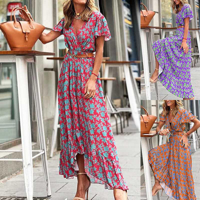 Fashion Printed V-neck Casual Irregular Dress