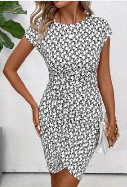 Cross-border Elegant Intellectual Style Printed Discount Round Neck Pullover Skinny Knit Sheath Dress