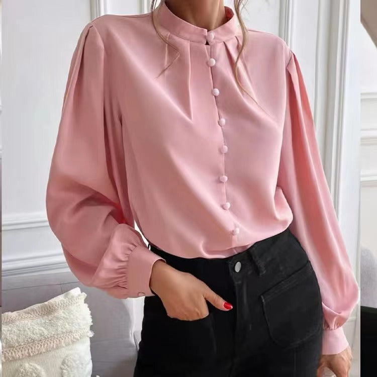 Commute Style Solid Color Round Neck Long Sleeve Single-breasted Women's Shirt