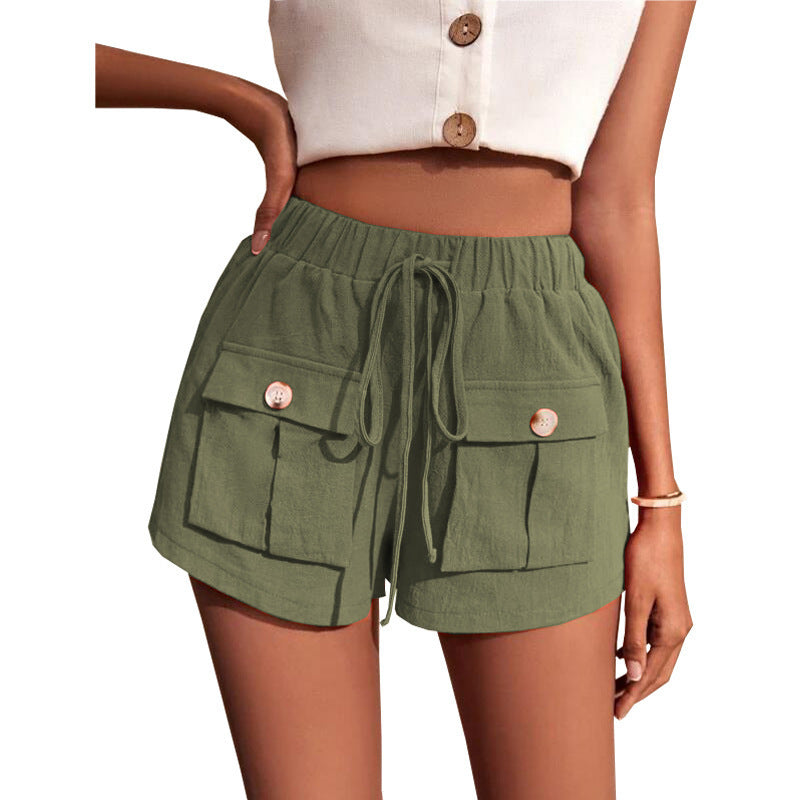 Women's Pocket Loose Mid Waist Drawstring Leisure Cargo Short