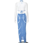 Summer Women's Hollow Out Tied Backless Top Drawstring Dress Suit