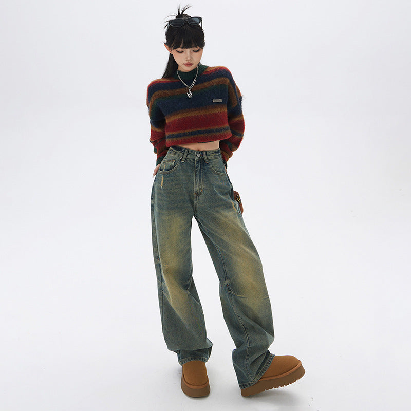 Retro Nostalgic Loose Wide-leg Jeans High Waist Slimming Drooping Straight Mop Pants