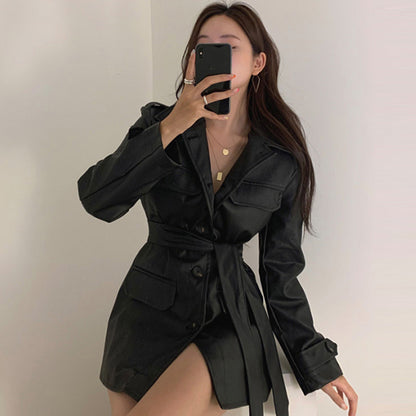 Women's Single Row Fashion Mid-length Leather Jacket