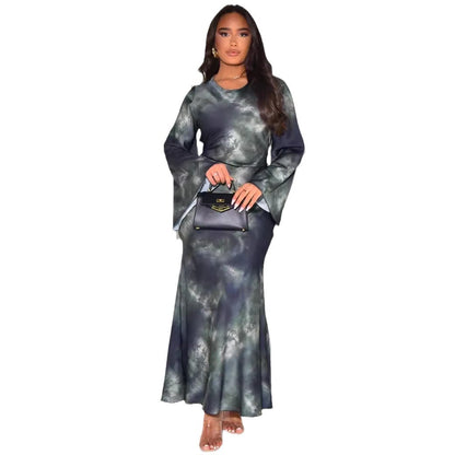 Loose Printed Casual Long Satin Satin Dress