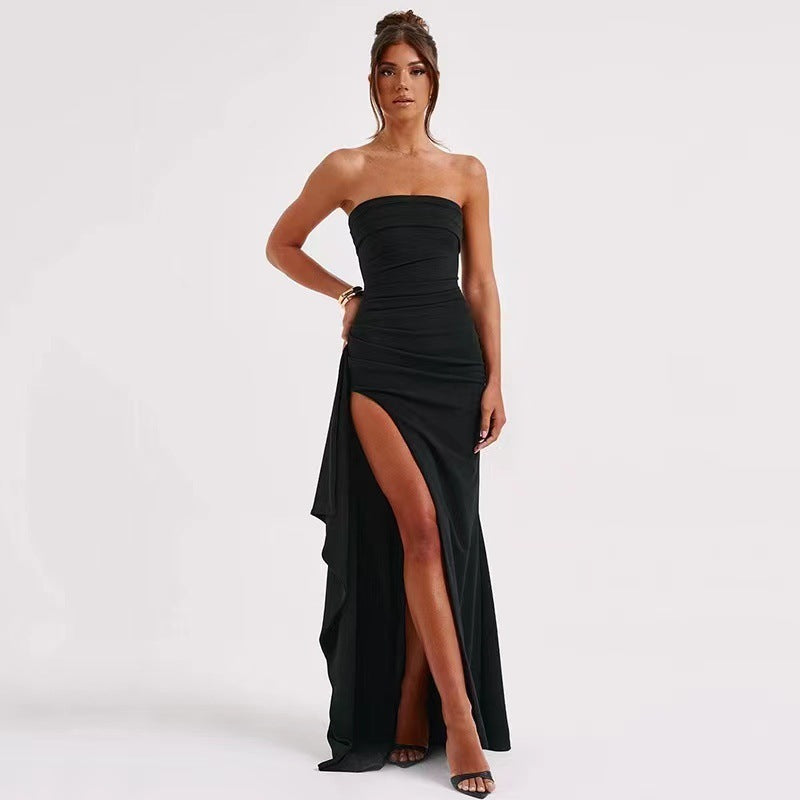 Women's Line Up Collar With Sexy Backless High Slit Dress