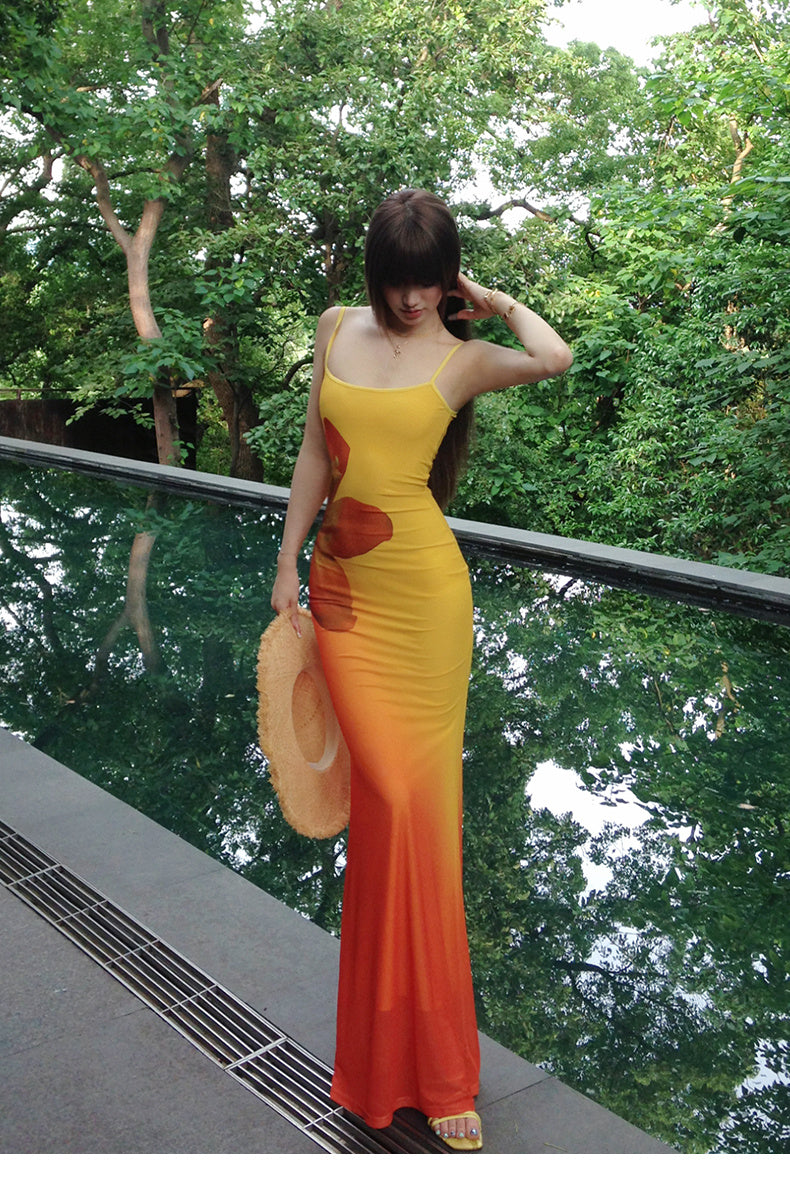 Three-dimensional Gradient Flower Fishtail Dress