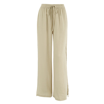 Khaki Bubble Crepe Split Wide-leg Pants