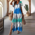 Summer Casual V-neck Short Sleeve Loose Tie-dye Printing Dress