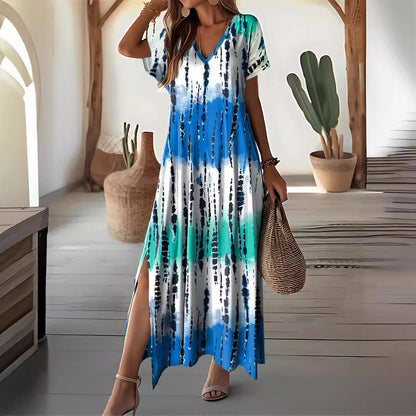 Summer Casual V-neck Short Sleeve Loose Tie-dye Printing Dress