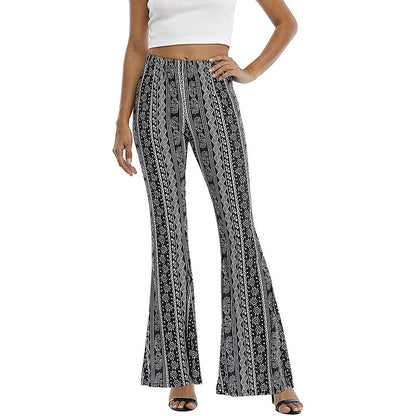 Meilaoshi New Bohemian Style Bell-bottom Pants Women's Ethnic Style Fashion Casual Stretch