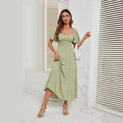 Summer Square Collar Backless Puff Sleeve Dress Women