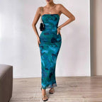 Mesh Floral Pleated Sexy Tight Split Strapless Tube Top Dress