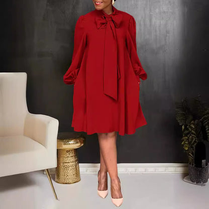 Women's Pure Color Tied Bow Lantern Long Sleeve Dress