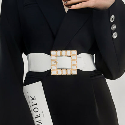 New Women's Wide Belt Black And White Square Drill High Elastic Elastic Senior Needle Buckle Waist Seal With Autumn And Winter Coat Belt