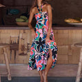 Women's Casual Floral Print Hollow-out Halter Pleated Sleeveless Mid-length Dress