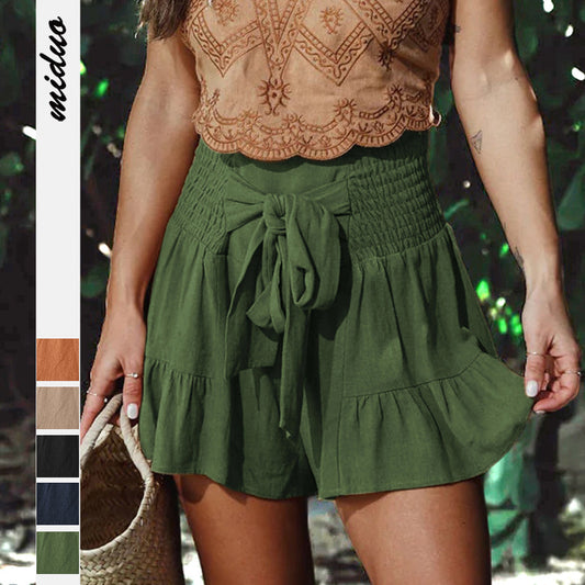 Stylish Women's Lace-up Wide-leg Shorts With Ruffles