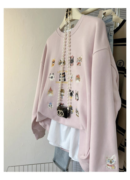 Full Printed Kitten Embroidery Street Fashion Women's Sweater Coat