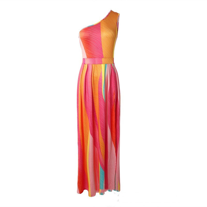 Women's Printed One-shoulder Slit Dress