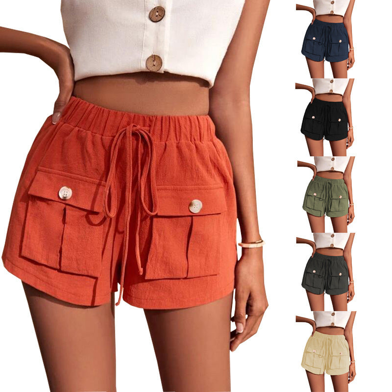 Women's Pocket Loose Mid Waist Drawstring Leisure Cargo Short